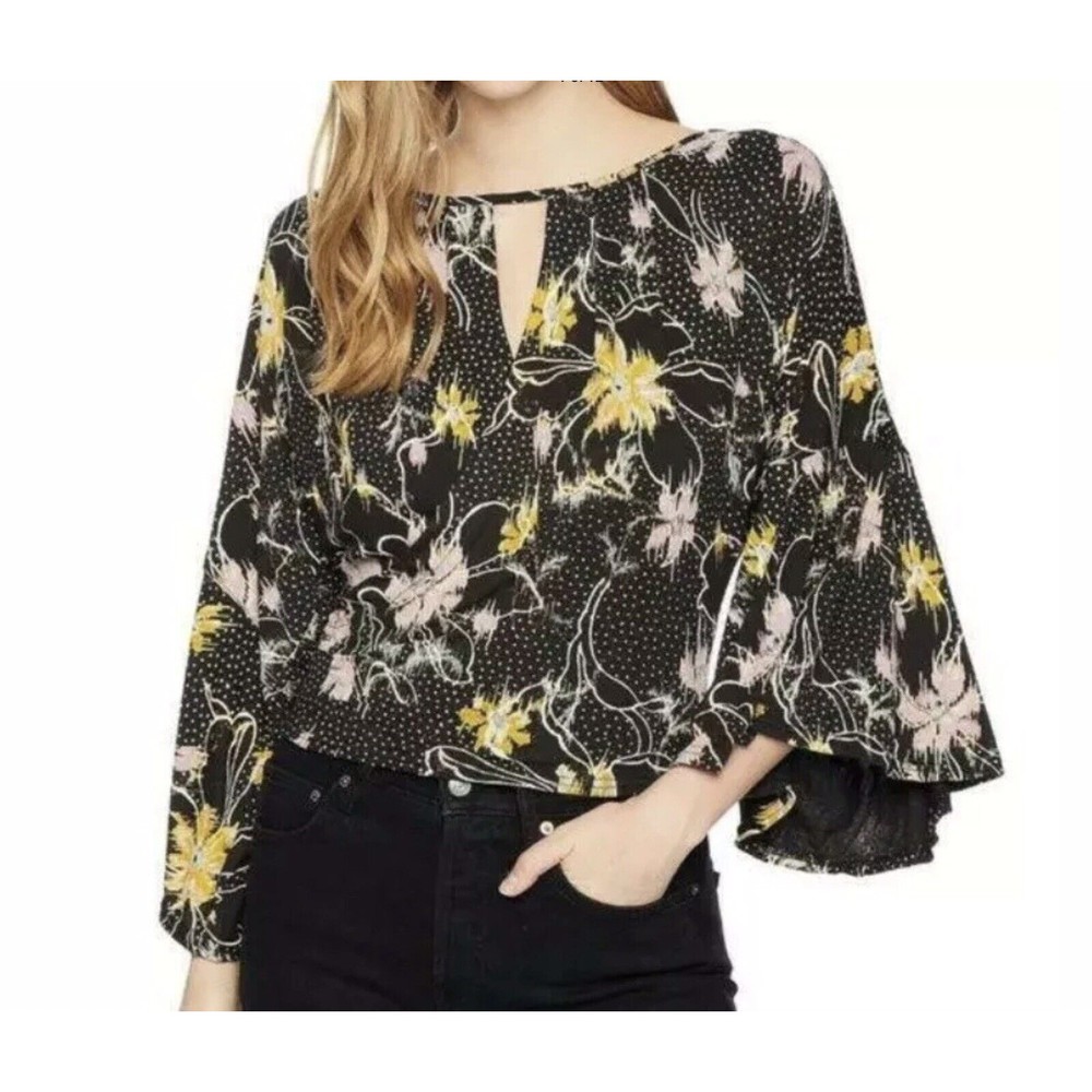 Free People Last Time Draped Bell Sleeve Top Floral Cropped Keyhole Neck Small